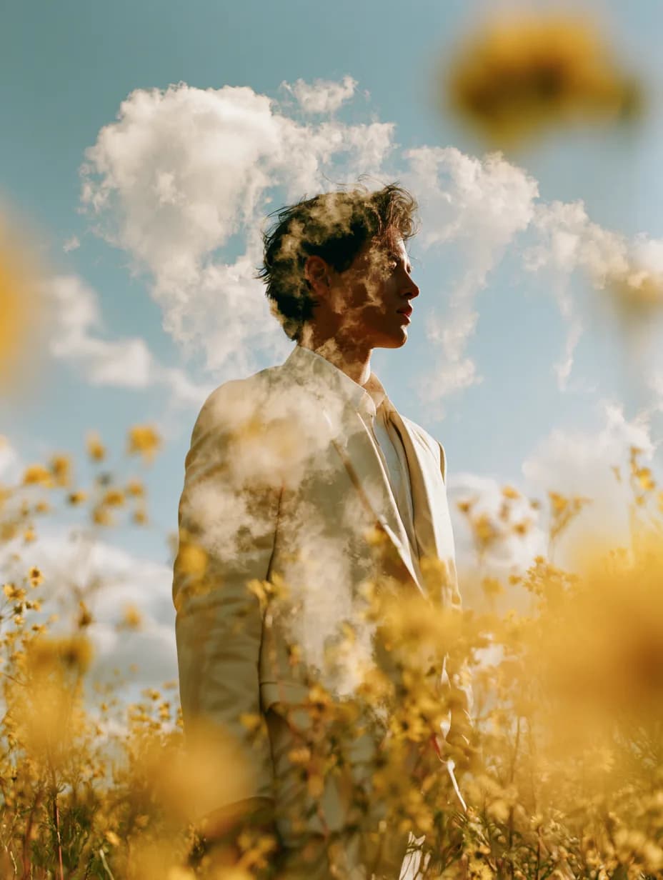 A professional in a light suit standing in a sunlit meadow after landing a new job